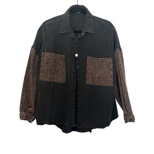 Leopard Print Black Denim Jacket